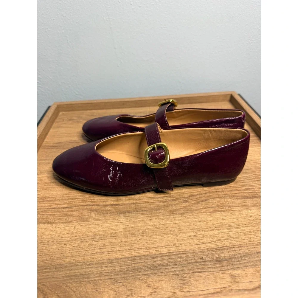 Madewell Burgundy Patent Leather Mary Jane Flats with Gold Buckle